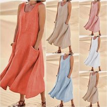 Cotton and Linen Long Dress with Pockets, Plus Size Sleeveless Dress for... - $39.99