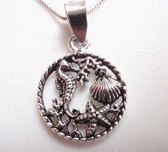 Sea Life with Coral Starfish Seahorse &amp; Clam Shell 925 Sterling Silver Necklace - £21.58 GBP