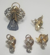 Angel Brooch Lot 5 Vintage Christmas Pendant Rhinestone Crystal Pin Gold 1980s - £23.75 GBP