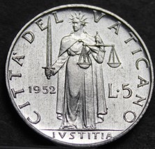 Vatican City 5 Lire, 1952 Gem Unc~Justice With Sword &amp; Scales - £5.74 GBP
