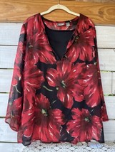 Chico’s Women’s Sz 2 Top Blk Red Floral Semi-sheer Blouse L/S + Tank slv... - £15.36 GBP