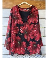 Chico’s Women’s Sz 2 Top Blk Red Floral Semi-sheer Blouse L/S + Tank slv... - £15.40 GBP