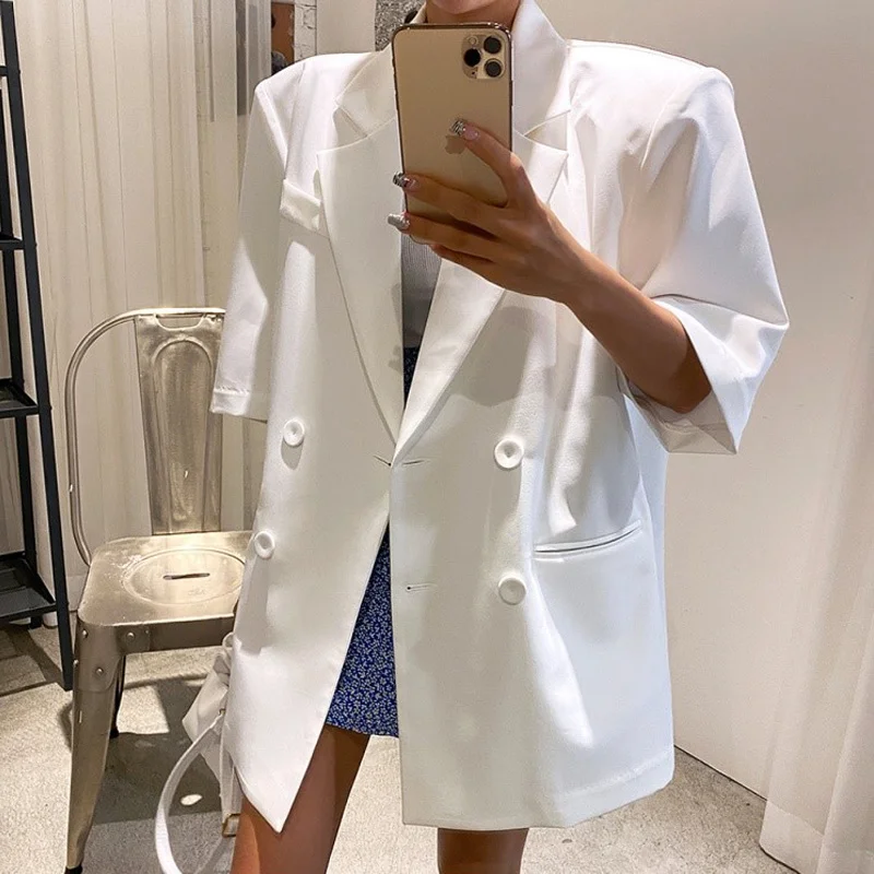 LANMREM Women Blazer White Color Notched Short Sleeves Double Breasted O... - £195.92 GBP