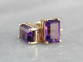 4Ct Emerald Cut Amethyst Solitaire Stud Earrings Solid 18K Yellow Gold Finish - £70.97 GBP