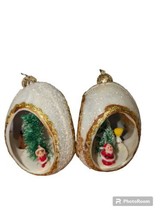 Vintage Set of 2 Plastic Glitter Egg Ornaments Vintage Santa Scene 3&quot; - £14.48 GBP