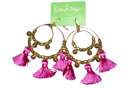 Lilly Pulitzer Gold Tone Magenta Tassel Beaded Hoop Dangle Earrings, NWT - £39.50 GBP