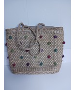 Vintage Floral Woven Cornhusk Tote Bag Multicolor Rosettes - $437.24 MXN