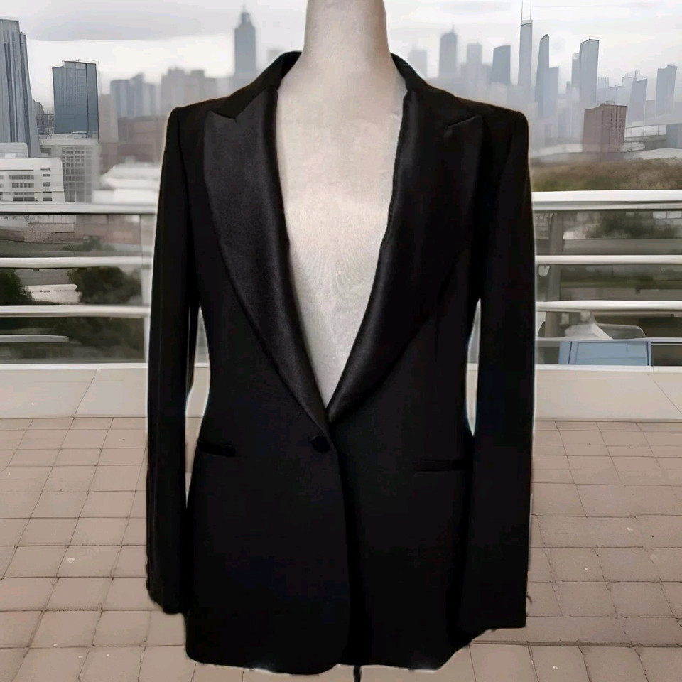 Zara Woman Black Tuxedo Satin Accents Blazer Jacket STATEMENT PIECE US XL - $45.00