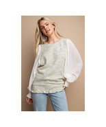 Tweed and Chifon Top   Lantern Sleeves Smocked Hem Back Keyhole - $61.44 CAD