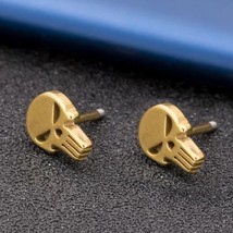 Gold Punisher Skull Stud Earrings Men&#39;s Punk Retro Stainless Steel Jewelry Gift - $9.89