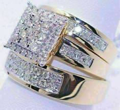  Simulated Diamond 3CT Wedding Engagement Trio Set Ring925 Silver Gold Plated - £102.84 GBP