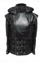 New Woman&#39;s Black Punk Tonal Spiked Hoodie Triple Belted Real Leather Jacket-563 - £302.65 GBP