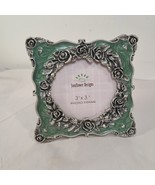 Sunflower Designs 3x3&quot; photo picture frame square green enamel silver roses - $27.35 CAD