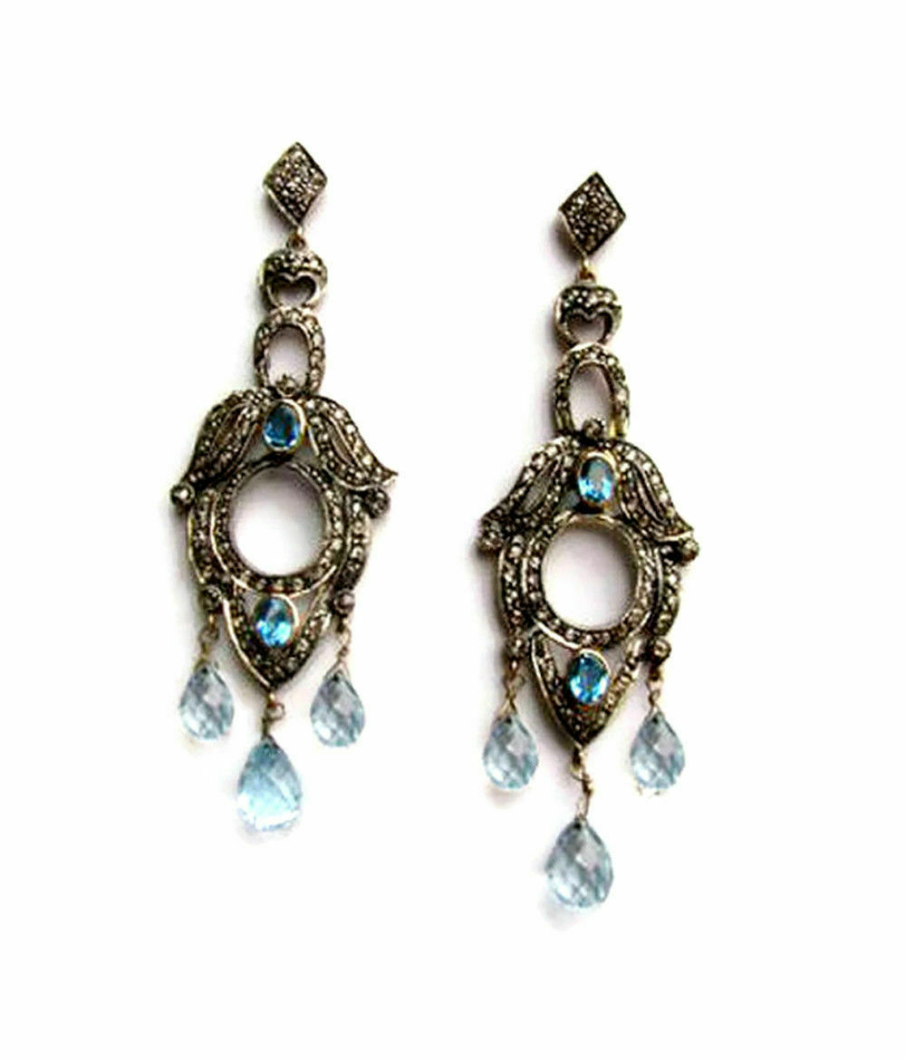Primary image for Victorian 3.02ct Rose Cut Diamond Blue Topaz Precious Halloween Earrings