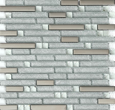 Glossy Glass Tile Linear Mosaic Bathroom Wall Silver Shiny Backsplash Set of 11 - £156.33 GBP
