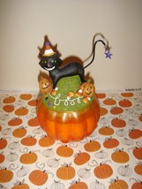 Halloween Pumpkin Glass Shaped Candle With Black Cat Topper  - £15.13 GBP
