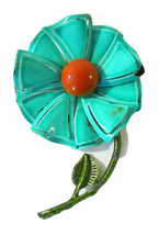 Vintage Aqua Teal &amp; Green Tiered Daisy Flower Brooch Pin Long Stem Bright Bold - £12.32 GBP