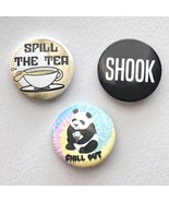 SHOOK Spill The Tea Chill Out Panda Pin Button Pinback Collectible Set Of 3 - £11.23 GBP