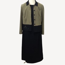 Vintage Lady Dorby Women 2 Pc Set Black Dress Green Jacket Stamped Leaf Size 16W - £55.07 GBP