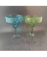 2 Handblown Margarita Art Glass With Colored Stems Green and Blue.  6” tall - £21.34 GBP