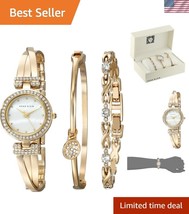 Stylish Gold-Tone Women&#39;s Watch with Mother-of-Pearl &amp; Crystal Bracelet Set - $247.49