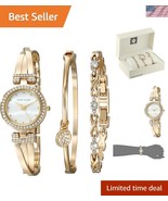 Stylish Gold-Tone Women's Watch with Mother-of-Pearl & Crystal Bracelet Set - $247.49