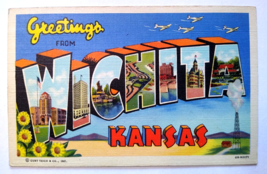 Greetings From Wichita Kansas Large Big Letter Postcard Linen Curt Teich Unused - £8.07 GBP