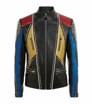 HANDMADE Men&#39;s  Leather JACKET Gothic Punk Silver Studded Leather jacket - $349.00