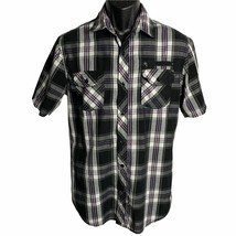Burnside Button Down Shirt M Black Plaid Chest Pockets Short Sleeve - £13.14 GBP