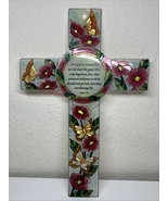 CROSS HAND PAINTED GLASS DECOR WINDOW ART WITH BIBLE VERSE, BUTTERFLIES,... - €12,82 EUR