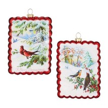 Set/2 4&quot; Glass Raz Scalloped Edge Bird Stamp Ornament Classic Christmas ... - £29.02 GBP