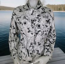 Chicos Denim Jacket Womens Sz 2 L Black Silver Graffiti Print Stretch Co... - $23.02