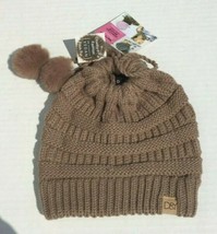 Ponytail Beanie Cable Knit High Bun Beanie Hat With Adjustable Pom Pom String #W - £15.97 GBP