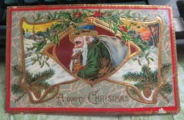 Green Coat &amp; Hat Santa Toy Bag Gold foil heavy embossed ptd Germany Postcard - £27.55 GBP
