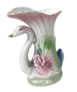 Vintage Swan Vase White Pink Flowers Gold Trim Shabby Grandmillenial cot... - £31.10 GBP