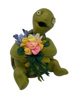 Vintage S. Lehman Turtle Miniature Figurine Flower Bouquet Signed 2002 S... - $16.00
