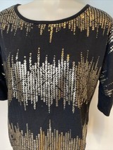 BCX Black with Gold Print Short Sleeve Round Neck Knit Top Size S - £9.13 GBP