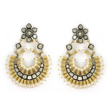 Diamond Chandbaali Earrings , Antique Look Earrings , Victorian Look , Pearl Dia - £280.64 GBP