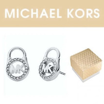 Michael Kors Silver Tone Pave Crystal Padlock Logo Earring Studs - £45.79 GBP