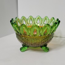 Vtg Northwood 2 Color Green + Gold / Copper Carnival Glass Footed Bowl Wild Rose - £38.52 GBP