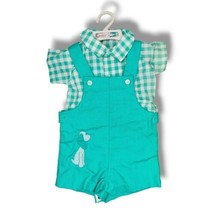 Vintage Stantogs Healthtex Romper Overall Shorts Shirt 12m Teal Plaid Dog - £15.88 GBP