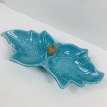 Divided Candy Nut Dish Center Knob Aqua Blue Leaf Caddy Footed Clay Pottery VTG - £22.21 GBP