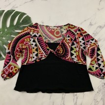 Vintage y2k Womens Psychedelic Floral Print Crop Top Size XL Pink Black Tie Trim - £19.77 GBP