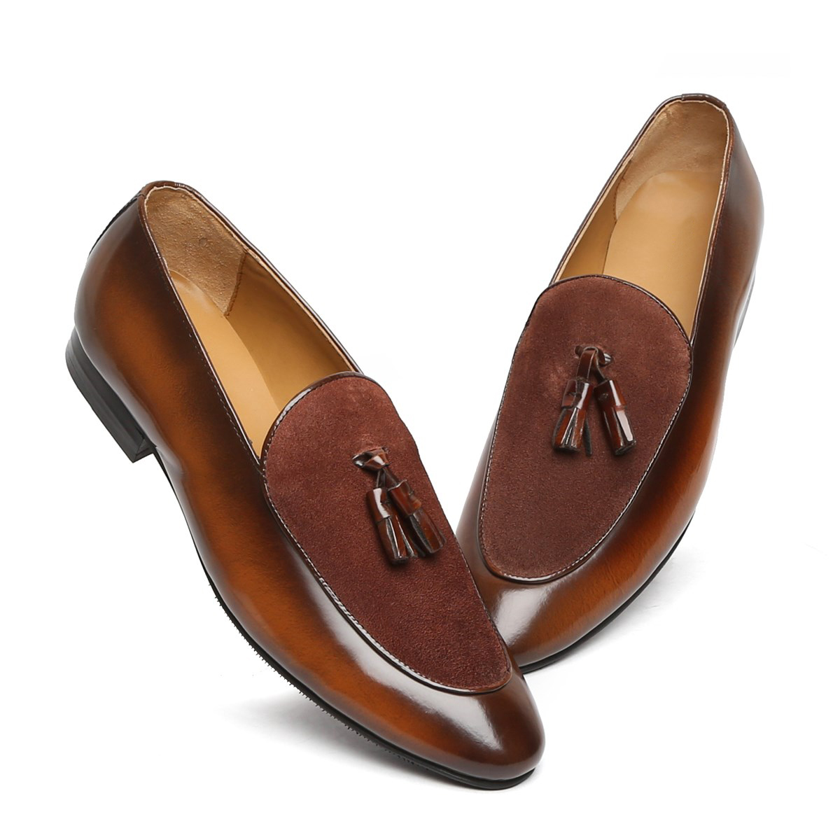 Tassel Loafer Slip On Men's Shoes Brown Suede Leather Apron Toe Premium Quality