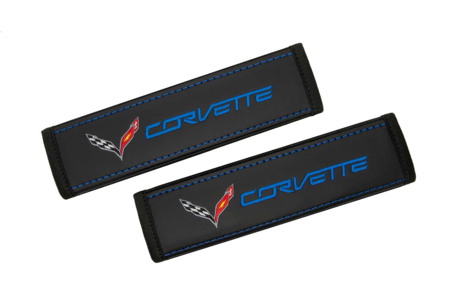 Corvette C7 Black Leather Seat Belt Covers Blue Embroidery Cushion Shoulder Pads - $70.00