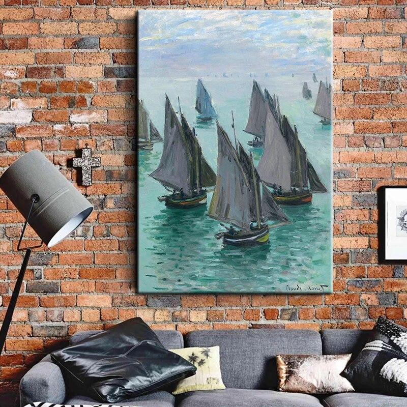 Hand Painted Artist's Garden By Monet Fishing Boats Calm Sea 1868 Canvas Oil Pai