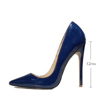 Dark blue pointed toe women shoes high heel pumps 12 cm stiletto patent leather  - $68.60