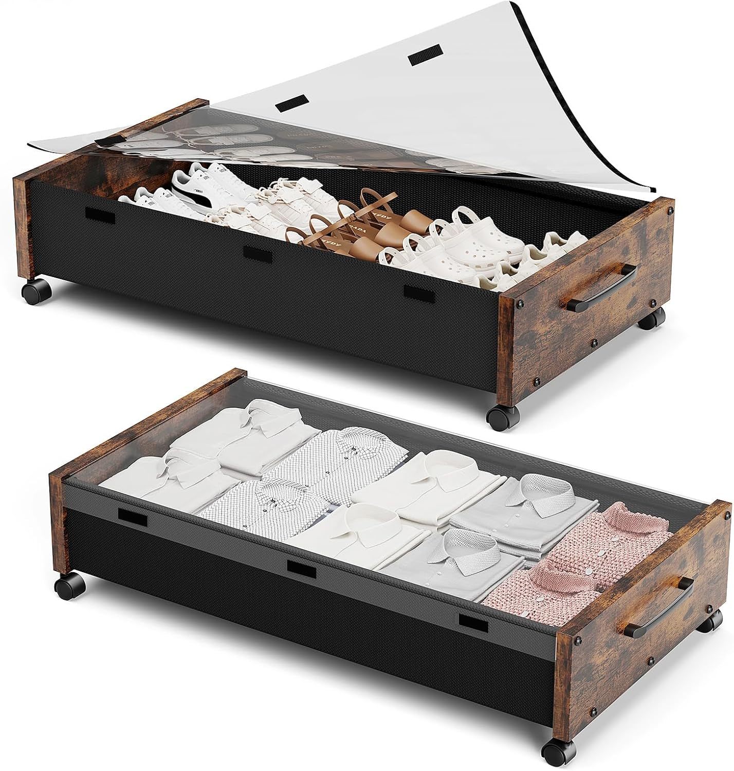 Wooden Under Bed Storage With Wheels, Rolling Under The Bed, Vintage Bro... - $57.99