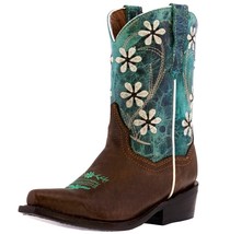 Kids Girls Leather Western Boots Teal Leather Flowers Snip Toe Size 8, 9... - $54.99