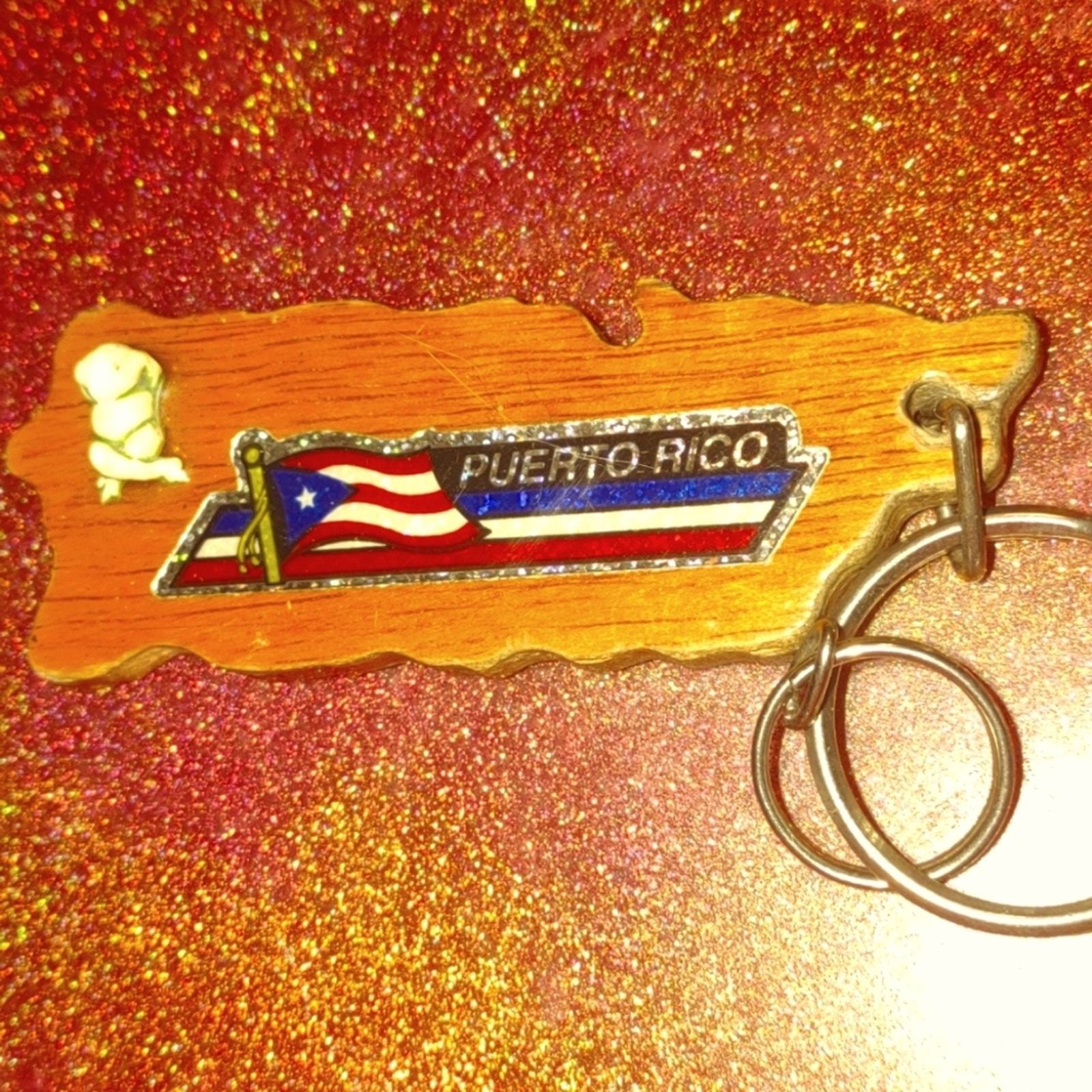 Handcrafted vintage wooden Puerto Rico keychain - $27.72